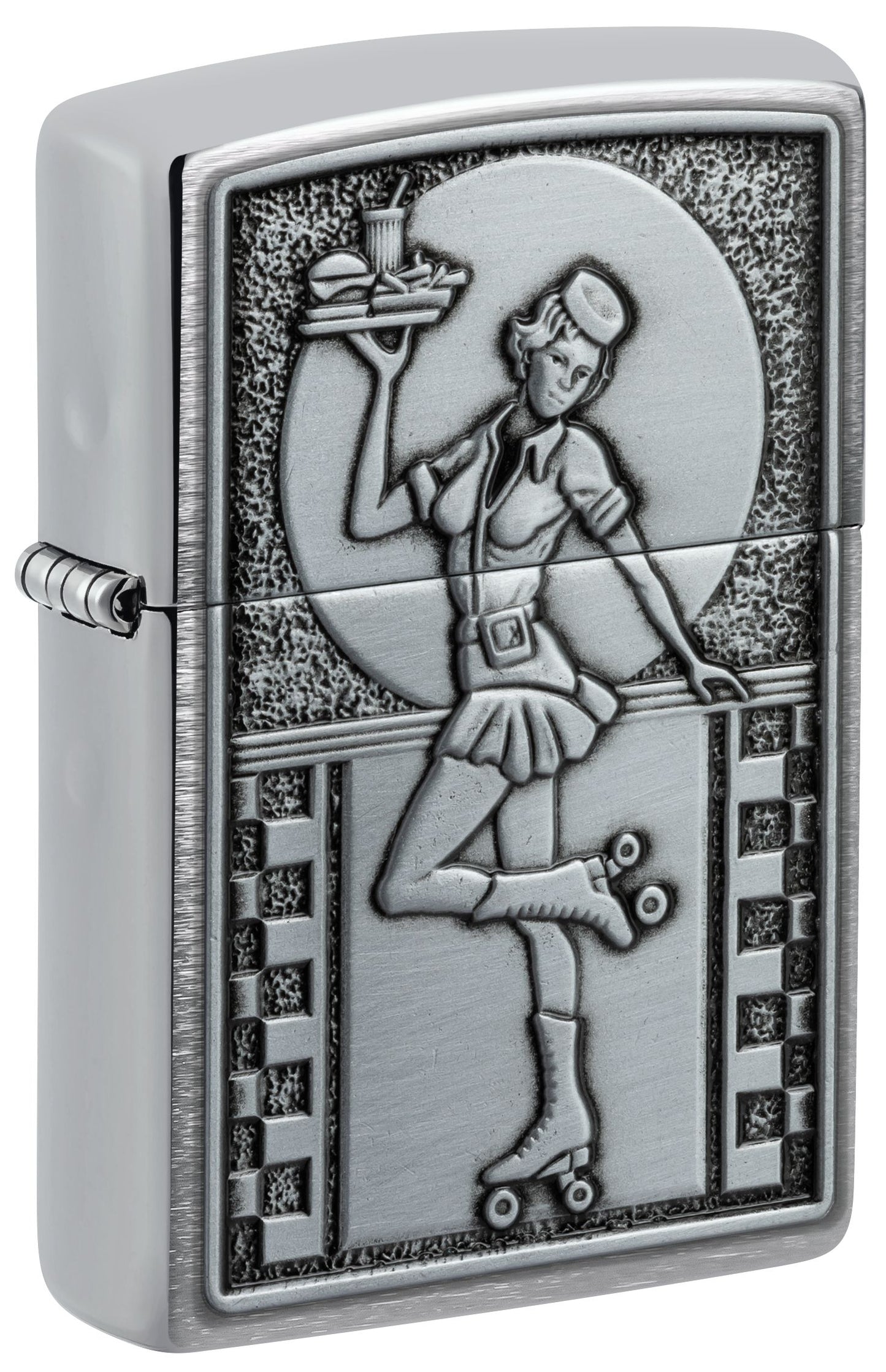 Zippo Rollerskate Waitress Emblem, Brushed Chrome Lighter #48904