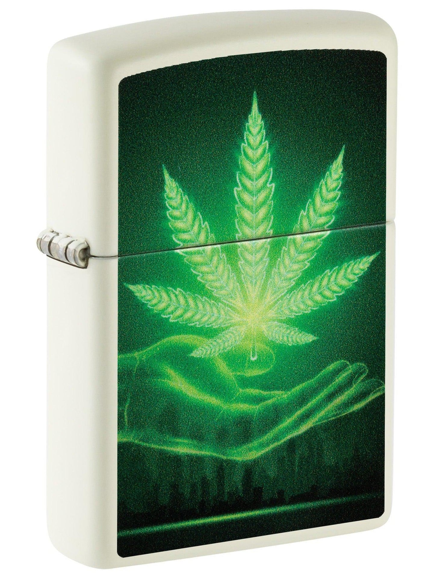 Zippo Glowing Cannabis Leaf in Hand, Glow in the Dark Lighter #48899