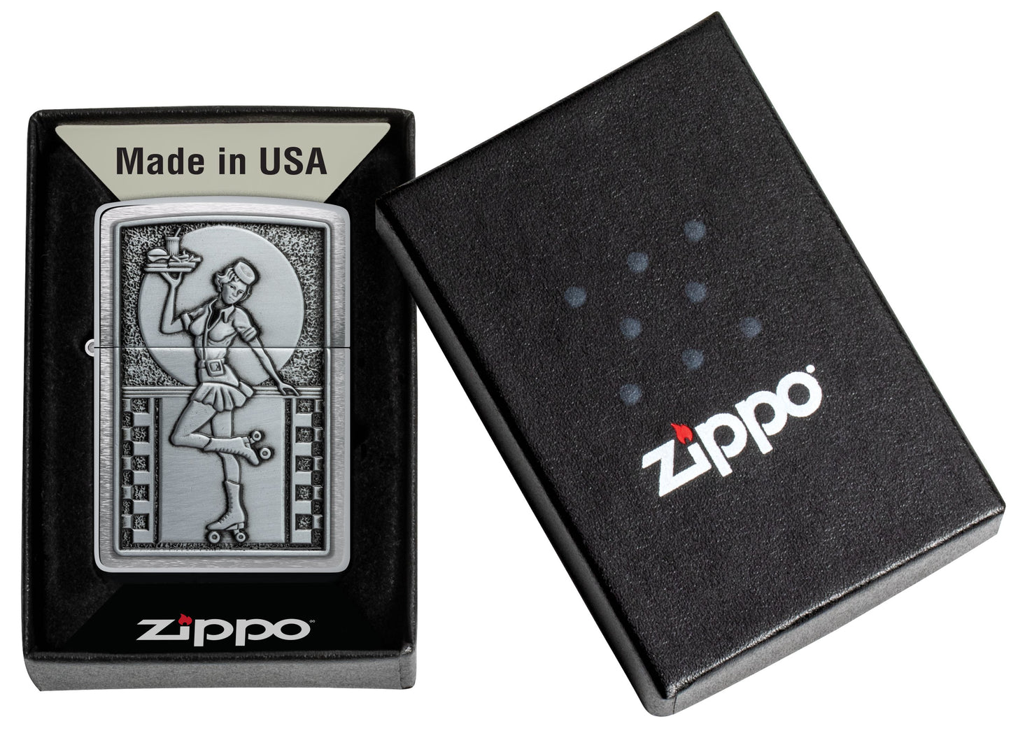 Zippo Rollerskate Waitress Emblem, Brushed Chrome Lighter #48904