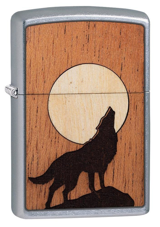 Zippo WOODCHUCK Howling Wolf, Real Wood, Street Chrome Finish Lighter #49043