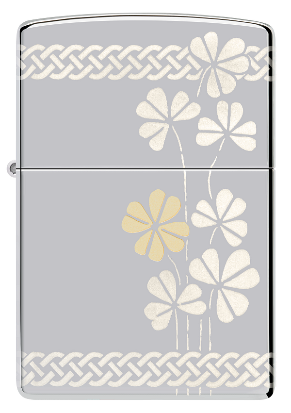 Zippo Four Leaf Clover 360 Design, High Polish Chrome Lighter #48586