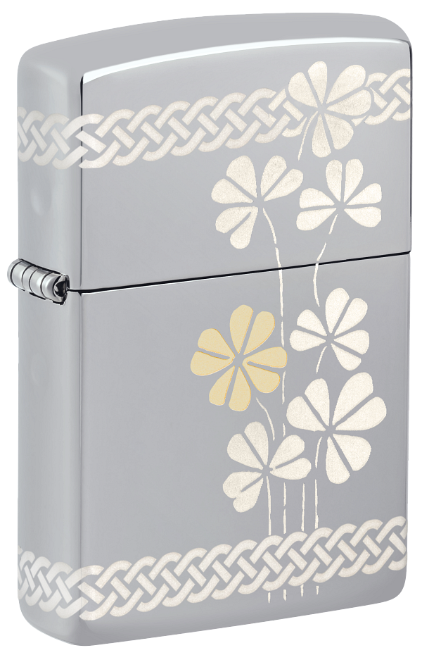 Zippo Four Leaf Clover 360 Design, High Polish Chrome Lighter #48586
