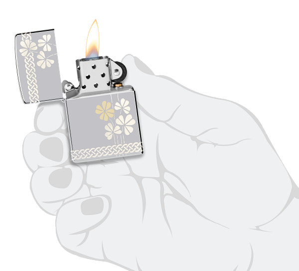 Zippo Four Leaf Clover 360 Design, High Polish Chrome Lighter #48586