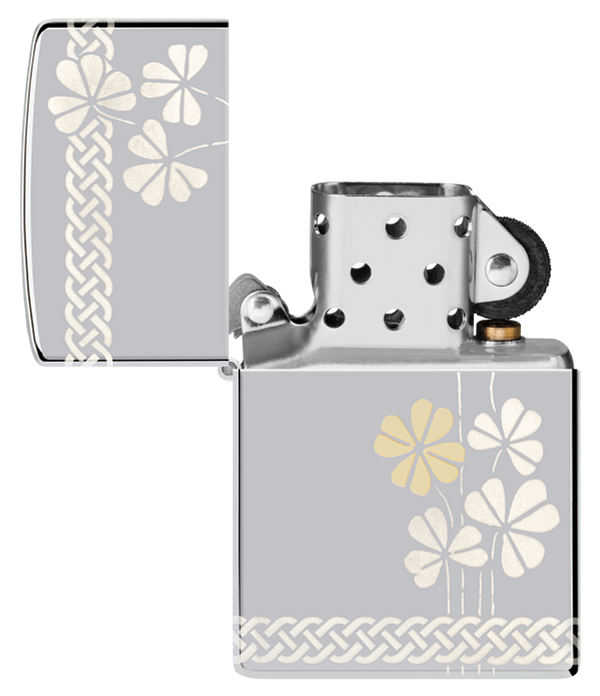 Zippo Four Leaf Clover 360 Design, High Polish Chrome Lighter #48586