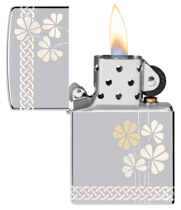 Zippo Four Leaf Clover 360 Design, High Polish Chrome Lighter #48586