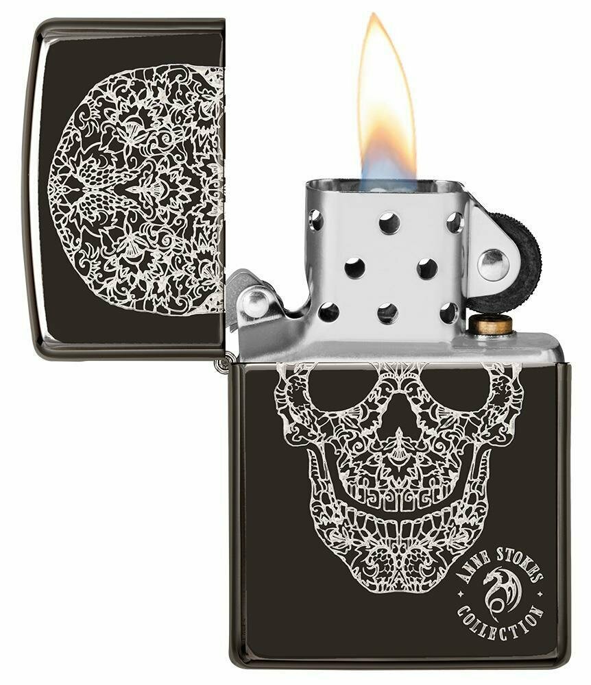 Zippo Anne Stokes 3D Skull, Genuine High Polish Black Pocket Lighter USA #49143