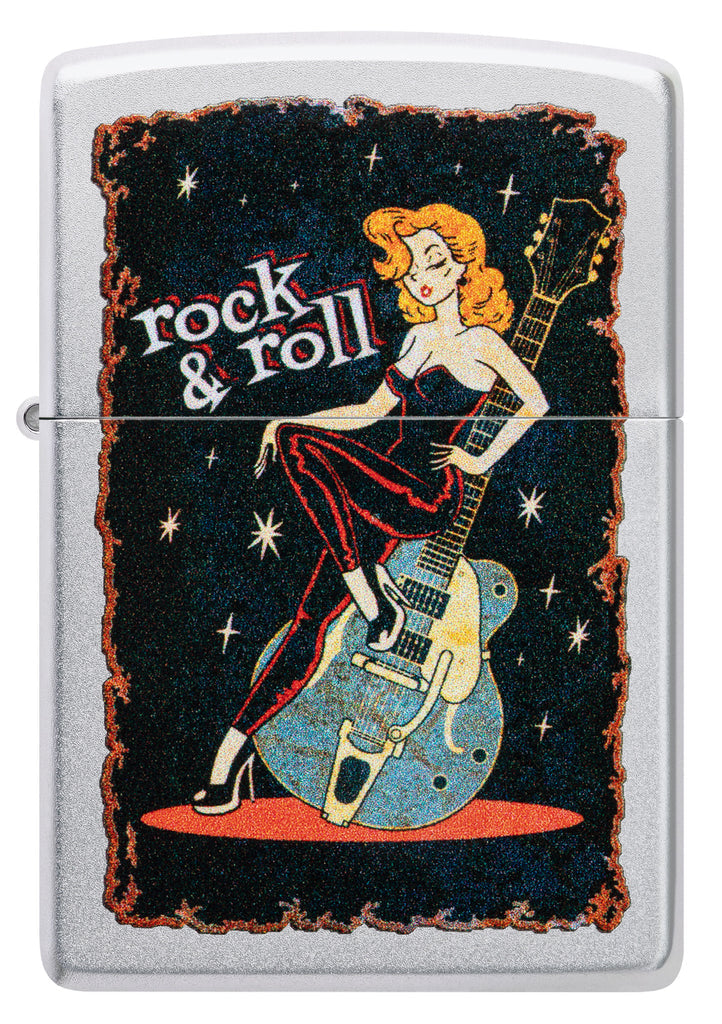 Zippo Cool Chick Rock and Roll Design, Satin Chrome Lighter #48930