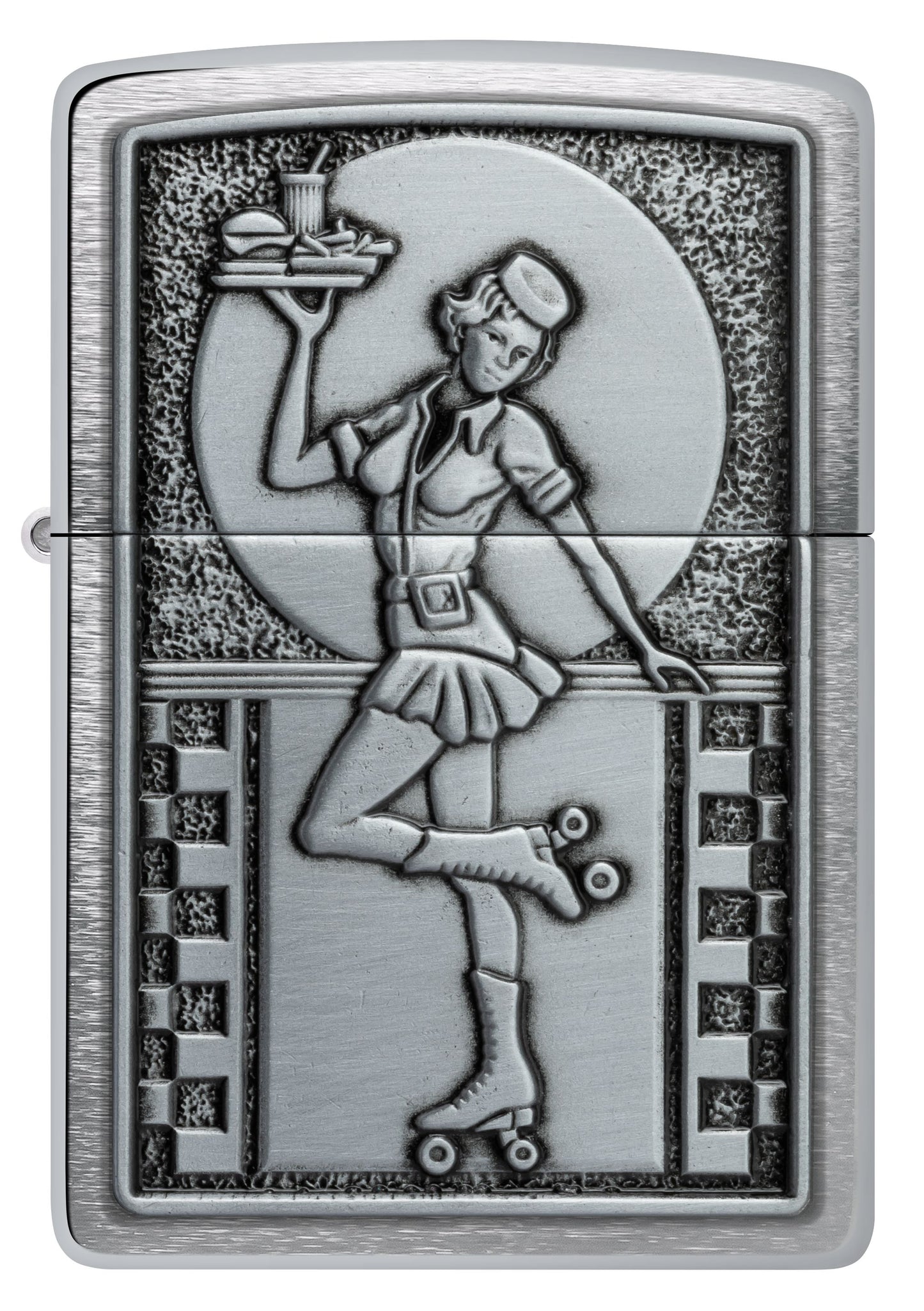 Zippo Rollerskate Waitress Emblem, Brushed Chrome Lighter #48904