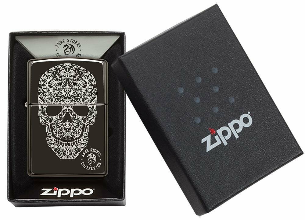 Zippo Anne Stokes 3D Skull, Genuine High Polish Black Pocket Lighter USA #49143