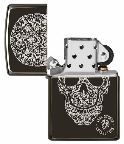 Zippo Anne Stokes 3D Skull, Genuine High Polish Black Pocket Lighter USA #49143