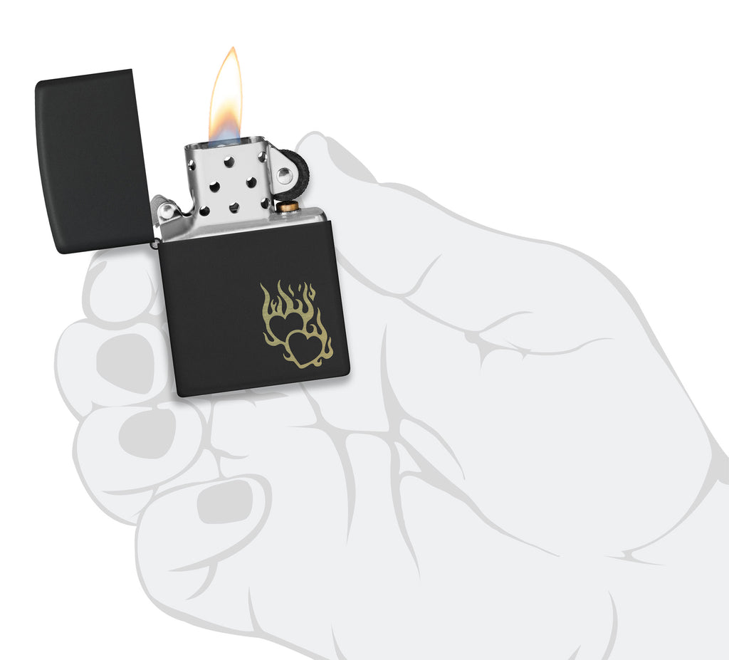 Zippo Fire Heart Design. Black Matte Lighter #46004