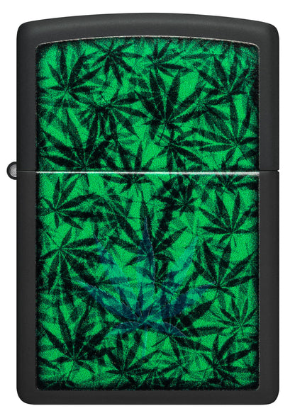 Zippo Cannabis Leaves Black Light Design, Black Matte Lighter #48736