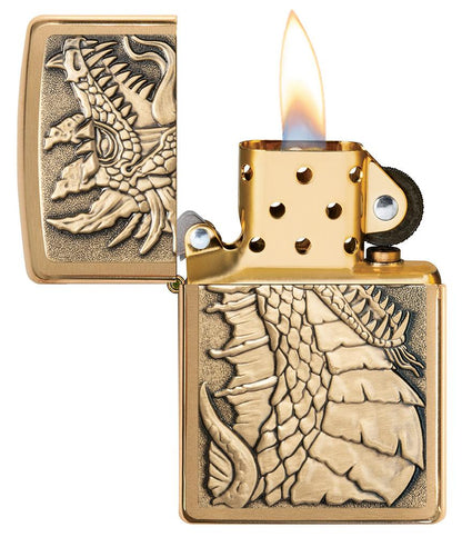 Zippo Dragon Emblem Design, Brushed Brass Finish Lighter #49297