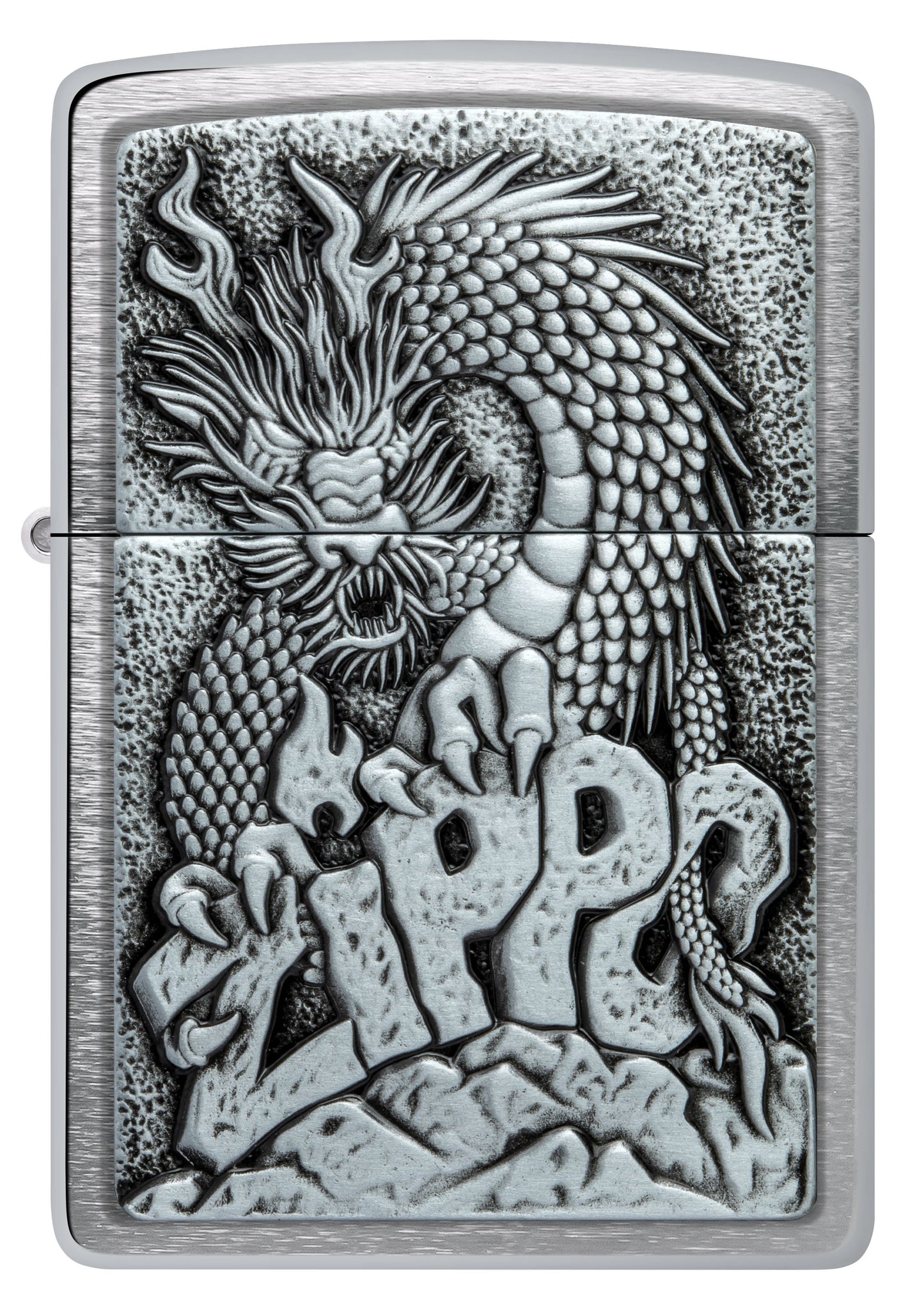 Zippo Dragon on Logo, Brushed Chrome Emblem Lighter #48902