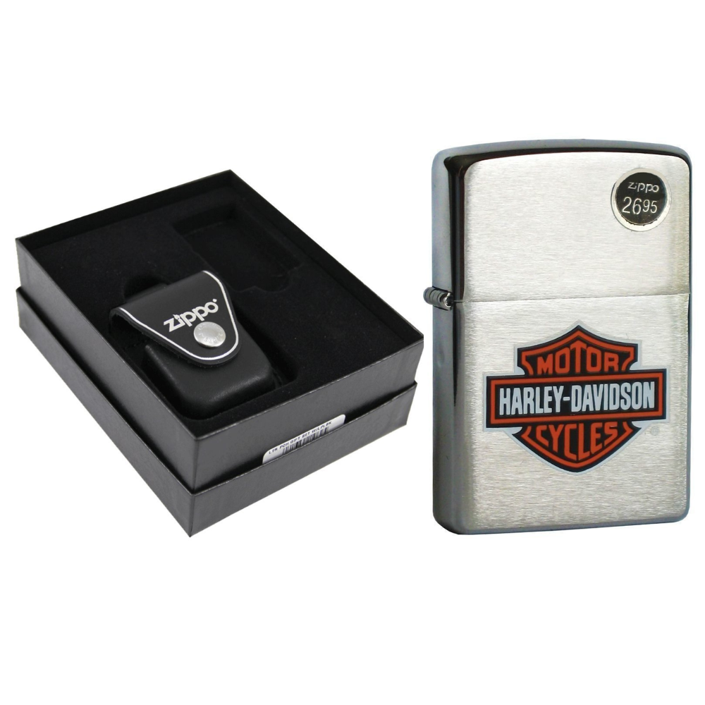 Zippo Harley-Davidson Brushed Chrome & Black Leather Pouch Gift Box Set