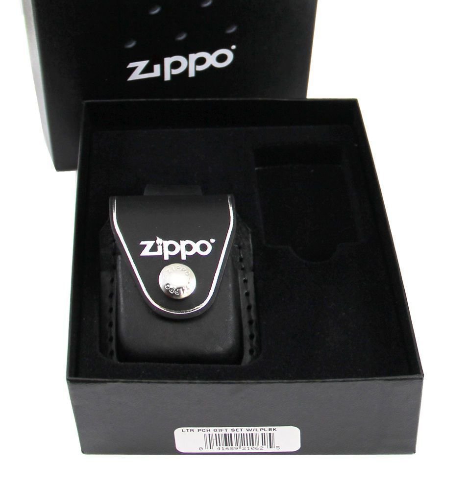 Zippo Sapphire Blue Logo Lighter & Black Leather Pouch Gift Box Set