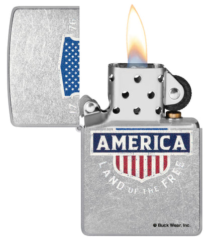 Zippo Buck Wear America Land Of The Free, Street Chrome Lighter #48938