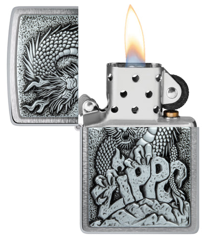 Zippo Dragon on Logo, Brushed Chrome Emblem Lighter #48902