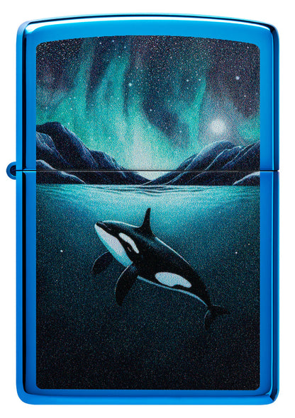 Zippo Orca Killer Whale Design, High Polish Blue Lighter #48984