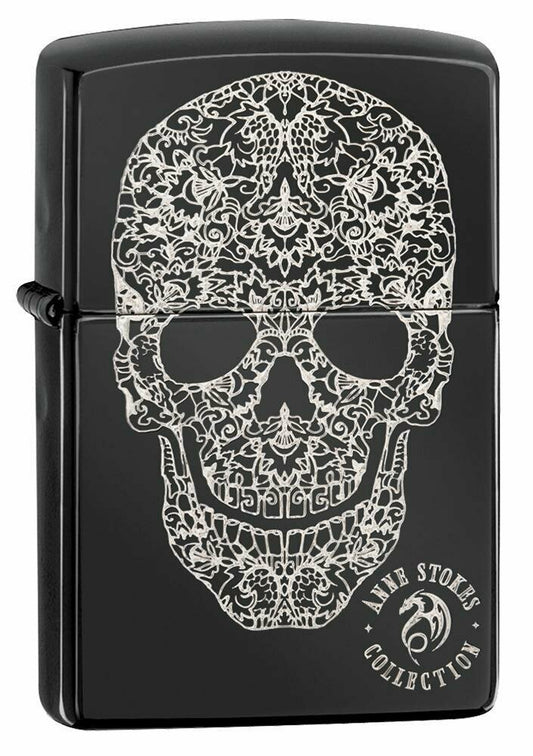 Zippo Anne Stokes 3D Skull, Genuine High Polish Black Pocket Lighter USA #49143