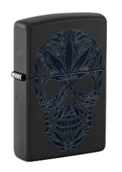 Zippo Cannabis Skull Design, Black Light Black Matte Lighter #48531