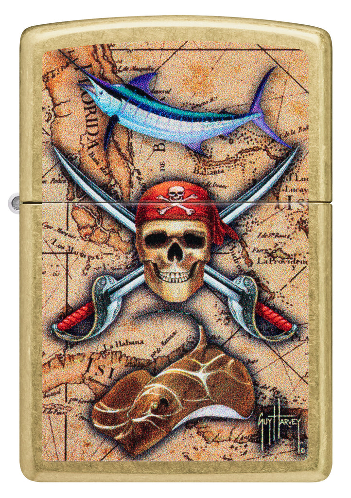 Zippo Guy Harvey Pirate Crossbones Design, Street Brass Lighter #48966