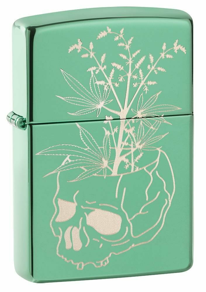 Zippo Botanical Skull Cannabis, Laser Engraved, High Polish Green Lighter #49142