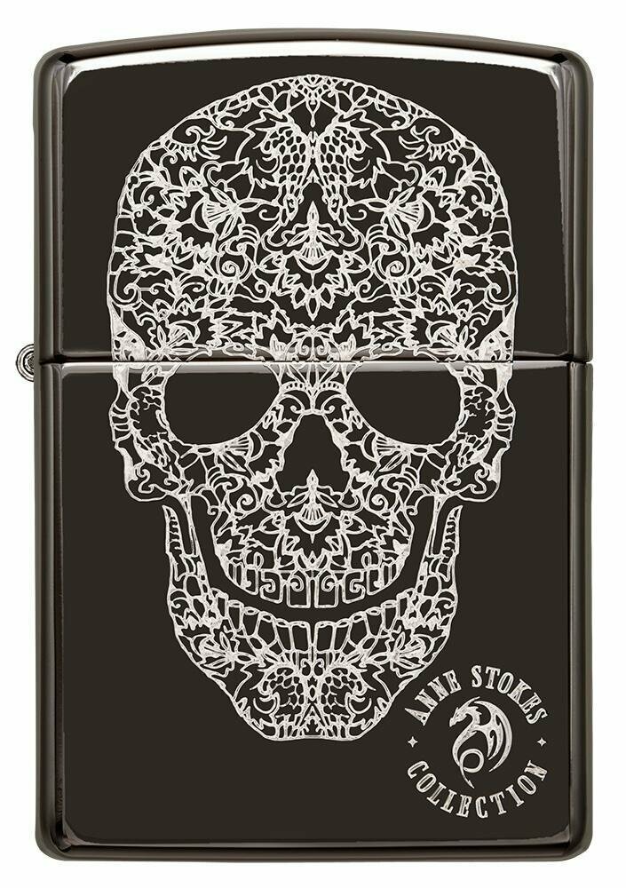 Zippo Anne Stokes 3D Skull, Genuine High Polish Black Pocket Lighter USA #49143