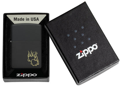 Zippo Fire Heart Design. Black Matte Lighter #46004