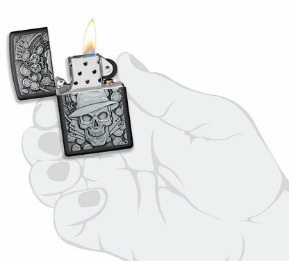 Zippo Gambling Skull Casino Roulette Emblem, Black Matte Lighter #49183