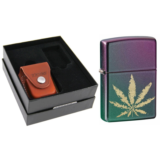 Zippo Iridescent Cannabis Lighter & Leather Belt Pouch Gift Box Set
