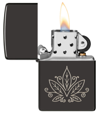 Zippo Cannabis Zentangle Design, High Polish Black Lighter #48926