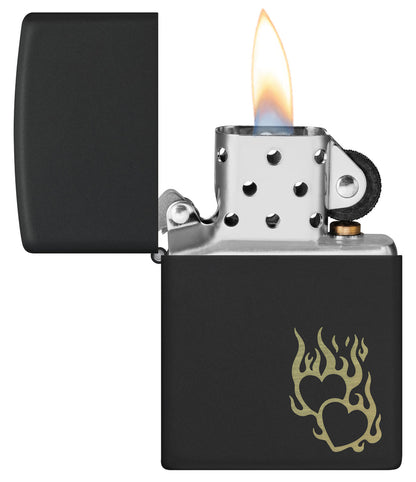 Zippo Fire Heart Design. Black Matte Lighter #46004