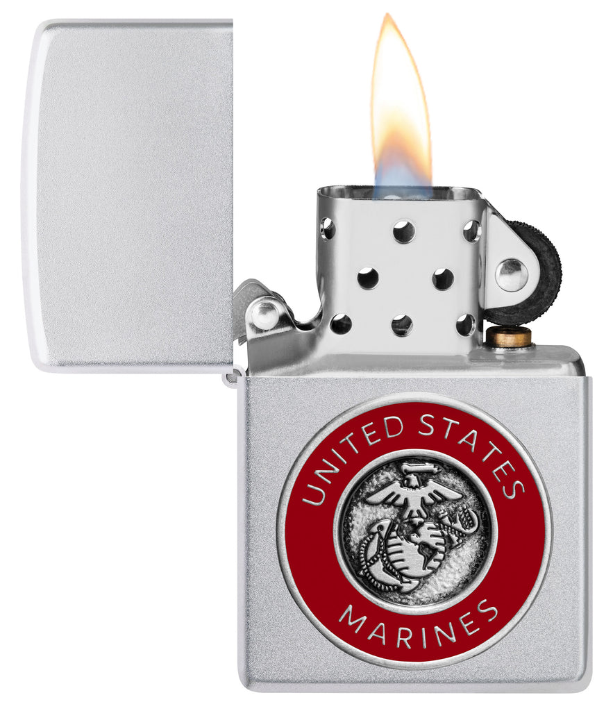 Zippo USMC Satin Chrome Lighter & Brown Leather Pouch Gift Box Set