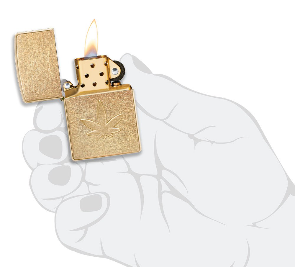 Zippo Cannabis Leaf Design, Stamped, Tumbled Brass Finish Lighter #49569