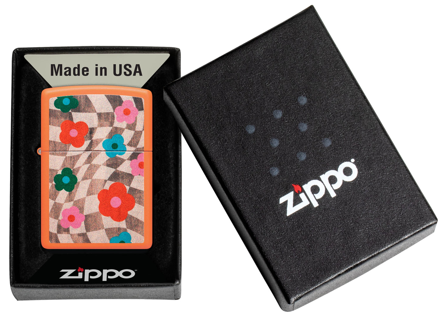 Zippo Nostalgia Flower Chessboard, Orange Matte Lighter #48718