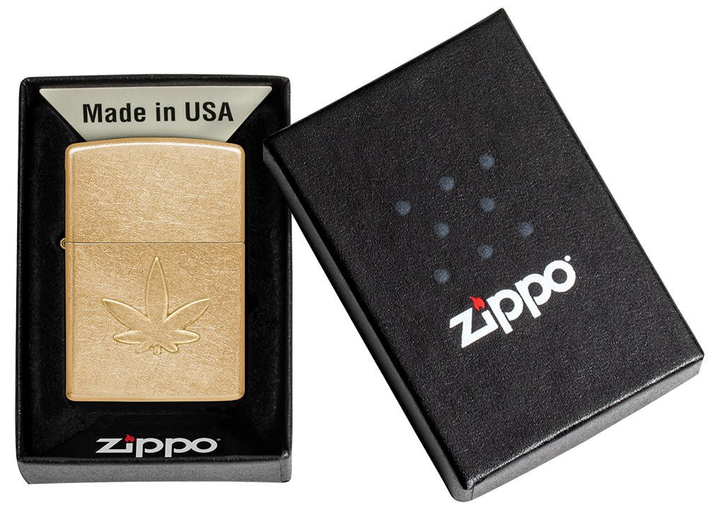 Zippo Cannabis Leaf Design, Stamped, Tumbled Brass Finish Lighter #49569