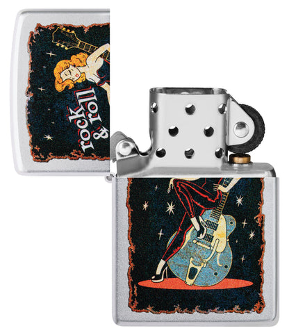 Zippo Cool Chick Rock and Roll Design, Satin Chrome Lighter #48930