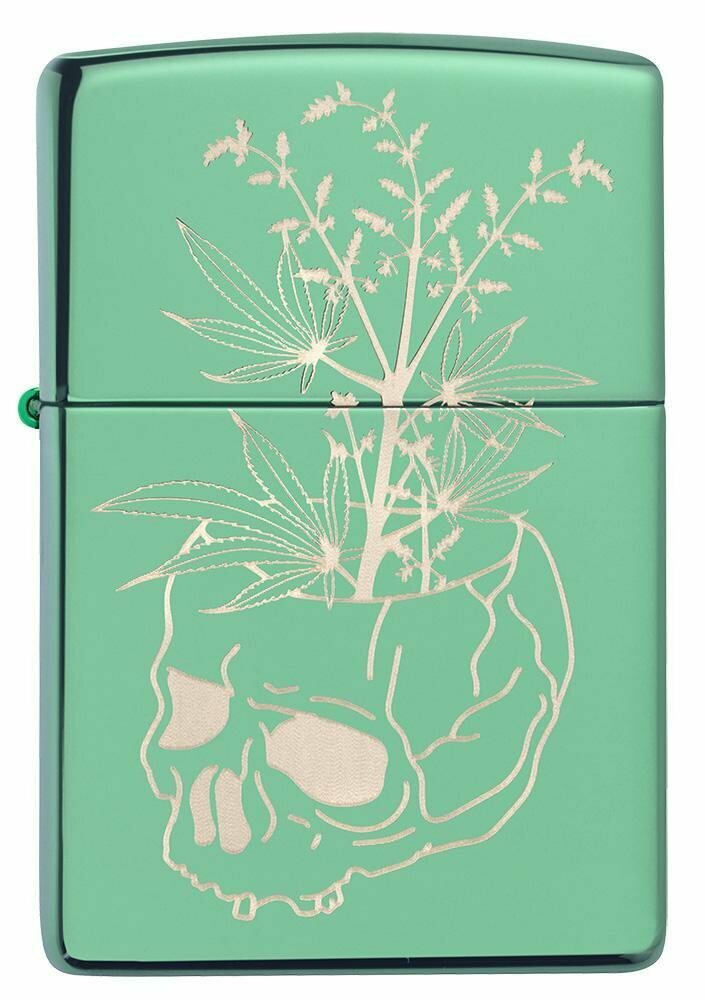 Zippo Botanical Skull Cannabis, Laser Engraved, High Polish Green Lighter #49142