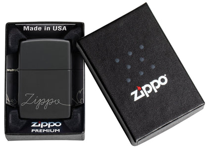 Zippo Windproof Script Laser Engraved 360 Design, Black Matte #48979