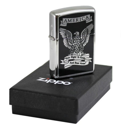 Zippo 28290, Eagle Lighter, Right to Bear Arms, High Polish Chrome #28290