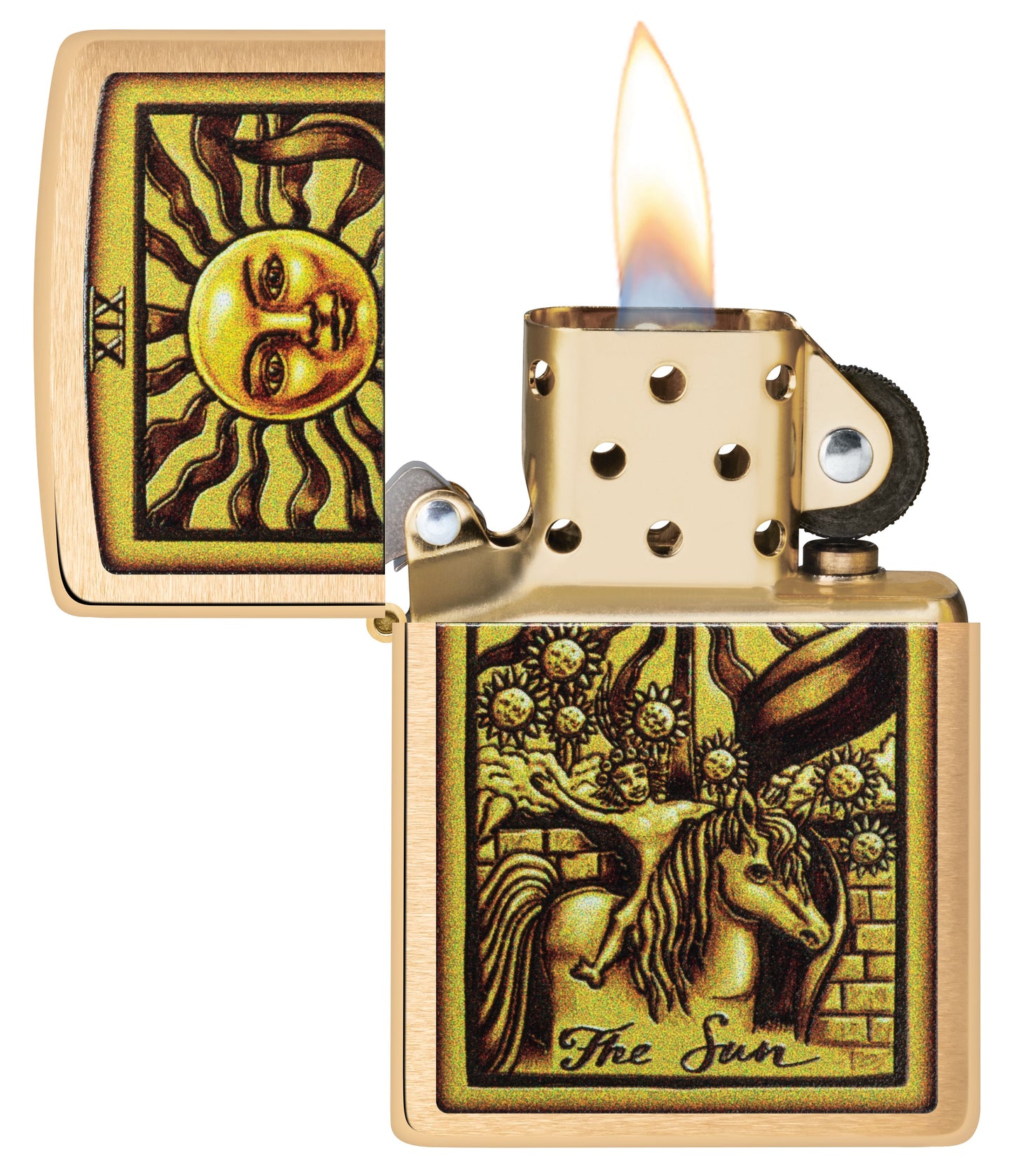 Zippo The Sun Tarot Card Design, Brushed Brass Lighter #48758