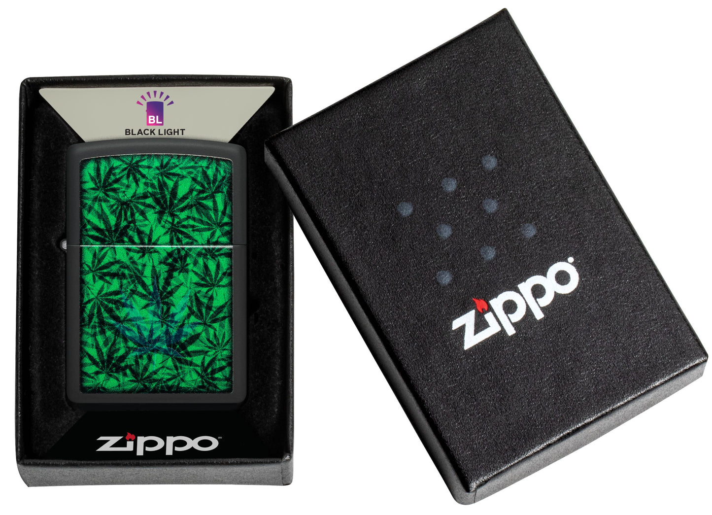 Zippo Cannabis Leaves Black Light Design, Black Matte Lighter #48736