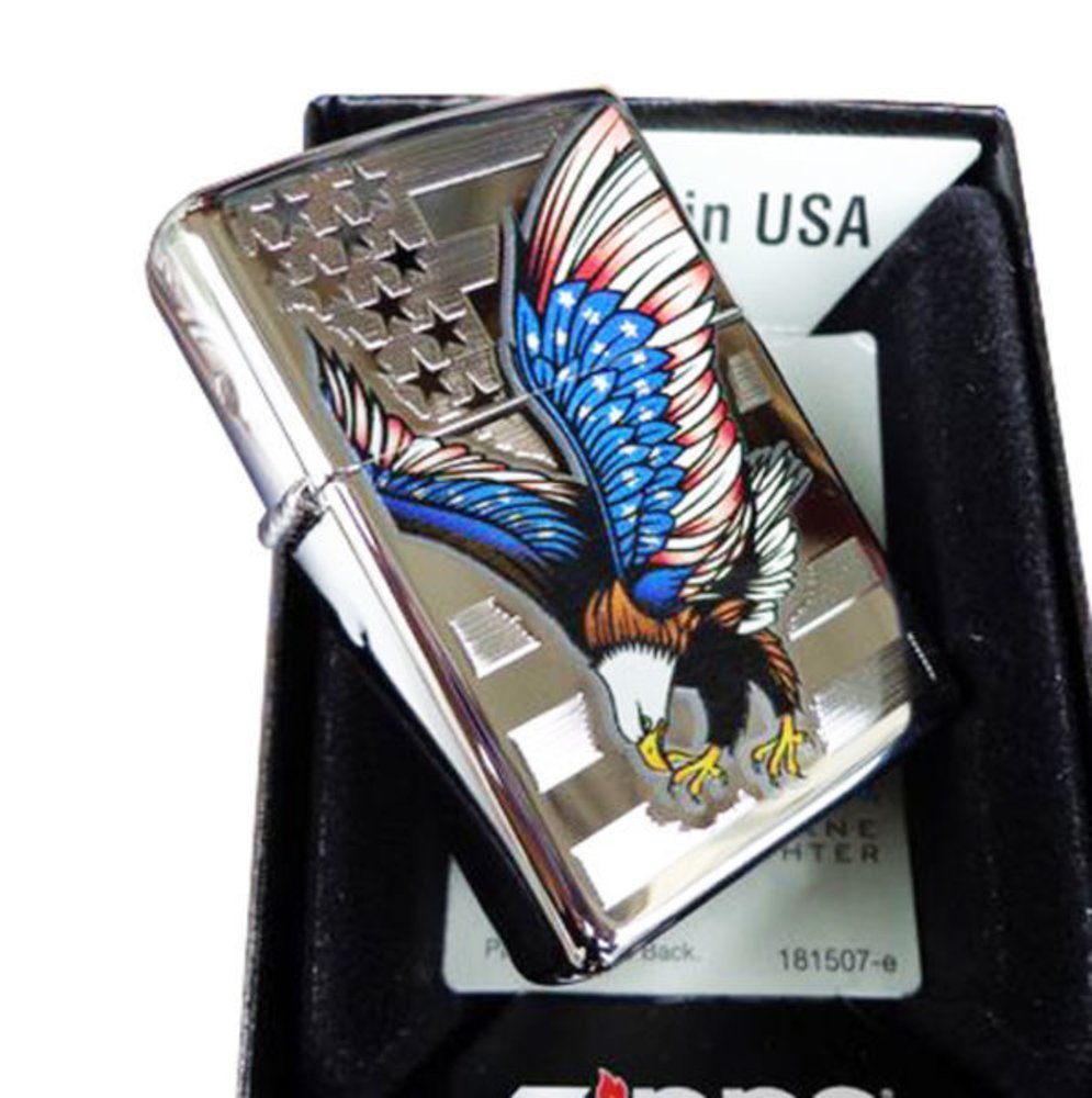 Zippo American Flag Eagle High Polish & Black Leather Pouch Gift Set