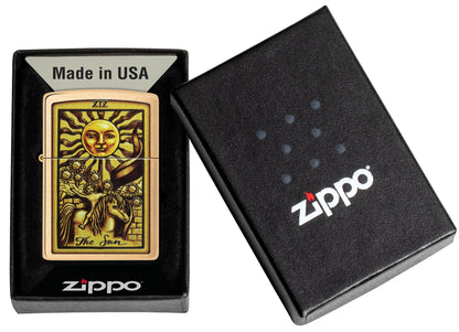 Zippo The Sun Tarot Card Design, Brushed Brass Lighter #48758