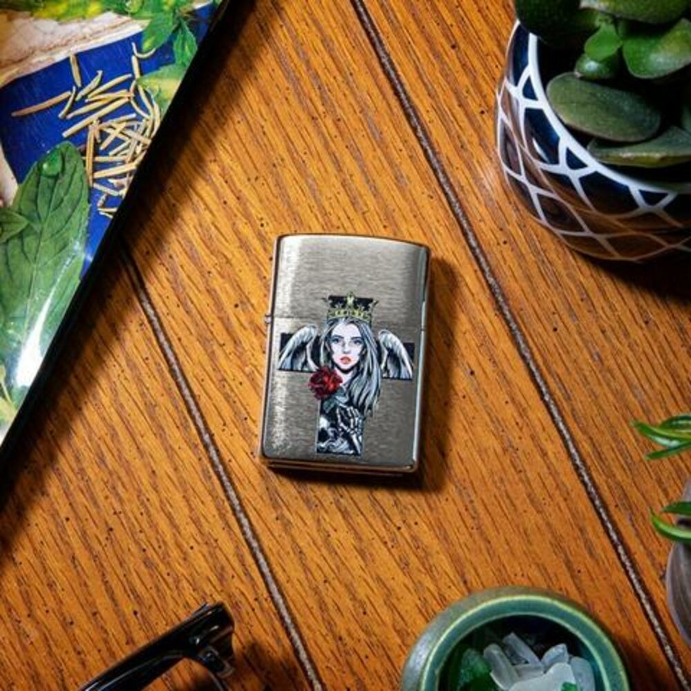 Zippo Cross Queen and Skull Design, Brushed Chrome, Windproof Lighter #49262