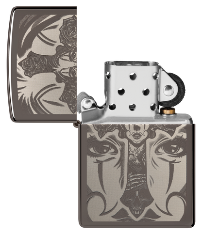 Zippo Spiritual Cross Girl Tattoo, Black Ice Lighter #48411