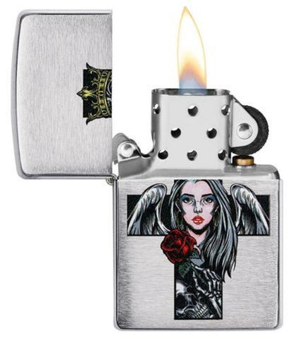 Zippo Cross Queen and Skull Design, Brushed Chrome, Windproof Lighter #49262