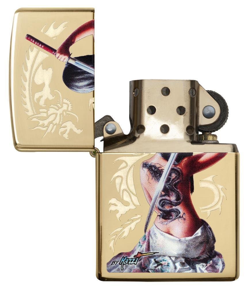 Zippo Mazzi Girl With Dragon Tattoo Samurai Lighter, High Polish Brass #29668