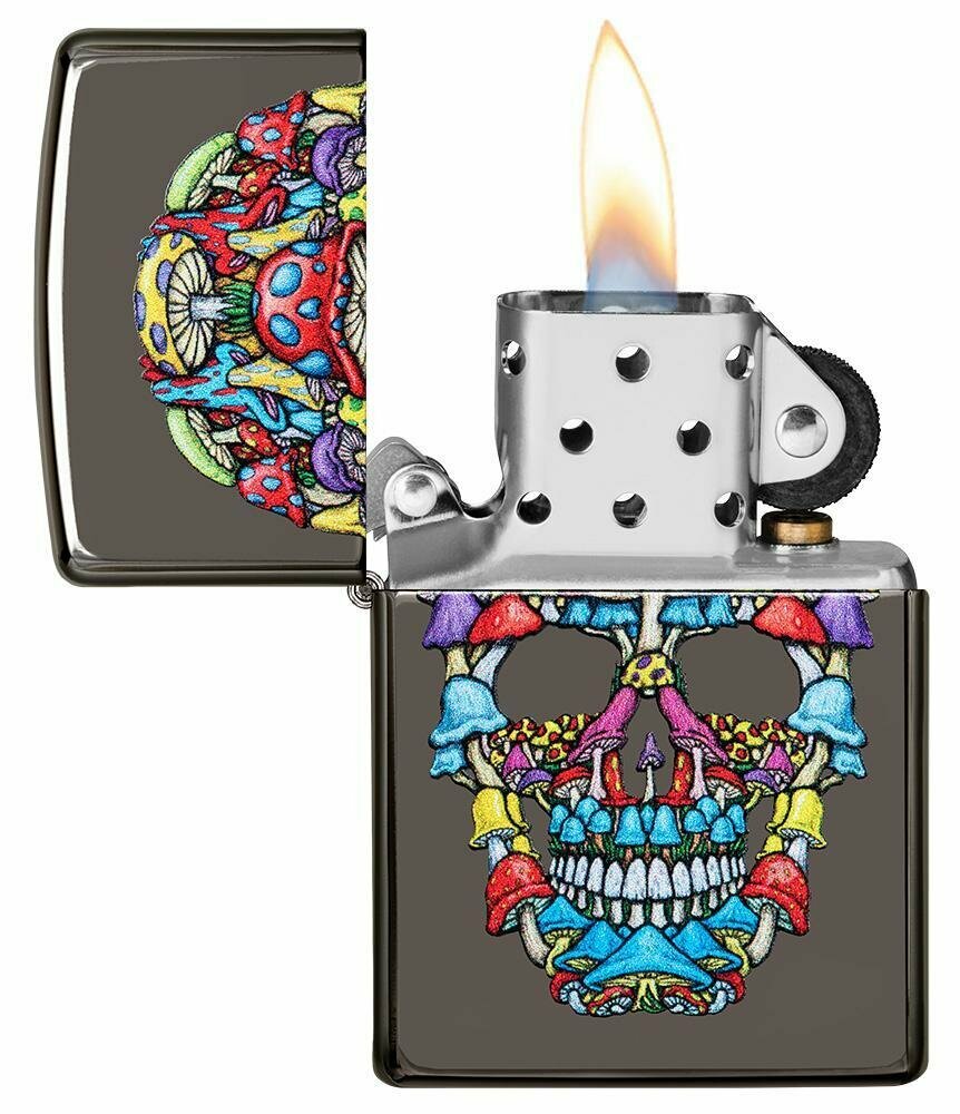 Zippo Psychedelic Skull Mushroom, Black Ice Finish Genuine Pocket Lighter #49135